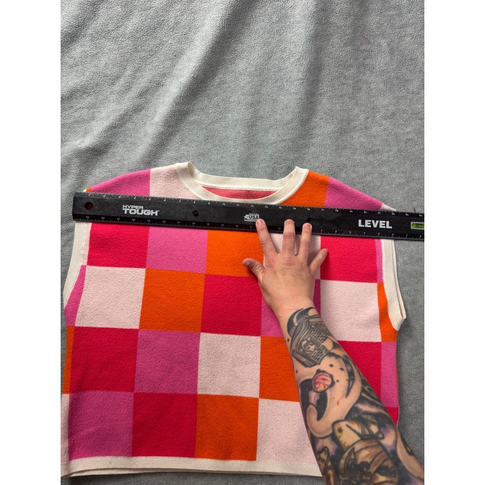 Pink Orange Checkered Knit Sweater Vest Sleeveless Colorblock Crewneck Pullover - Picture 4 of 6